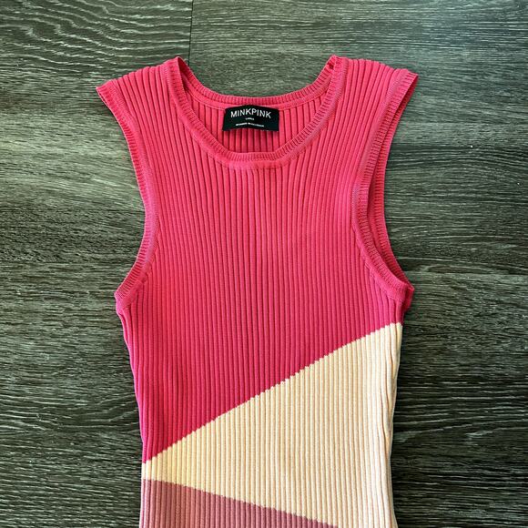 MINKPINK Vita Knit Colorblock Ribbed Midi Dress Pink Multicolor Sleeveless Large - Picture 3 of 15